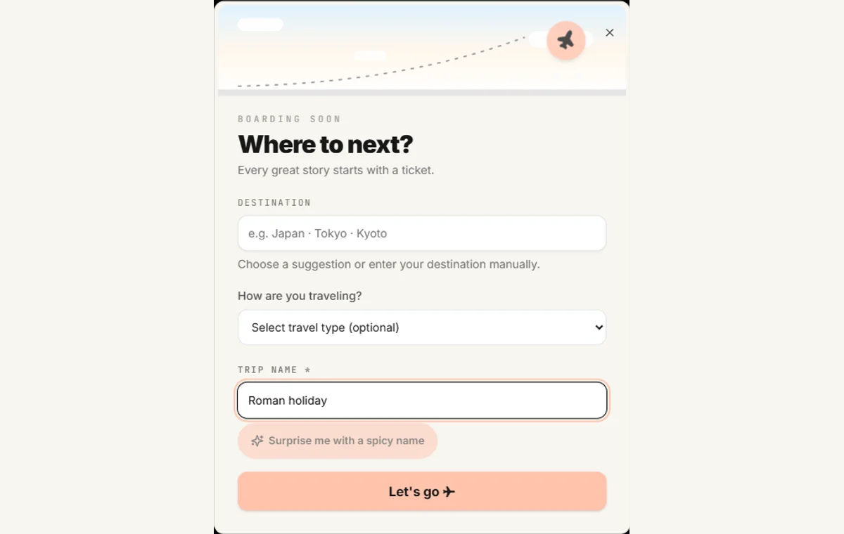 The actual TripNexa new-trip dialog, with destination, travel type and trip name fields.