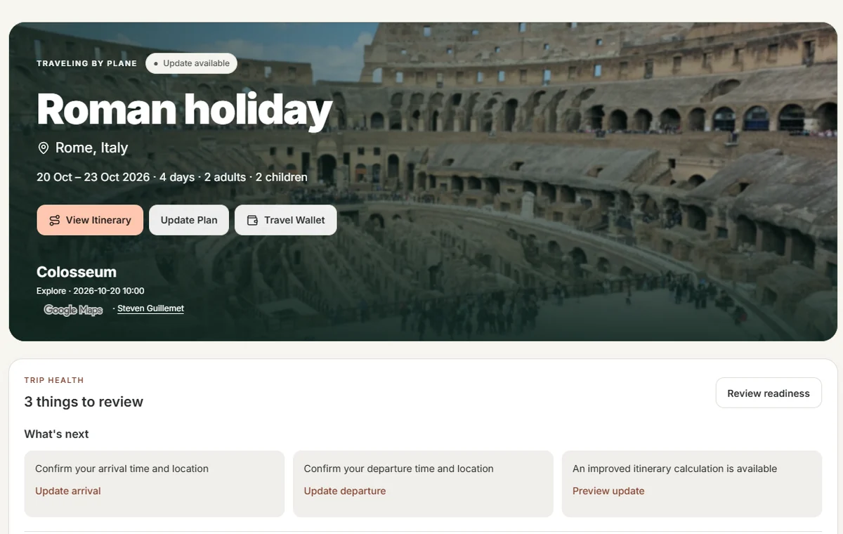 The TripNexa overview of a Roman holiday with shortcuts to planning, itinerary and Travel Wallet.