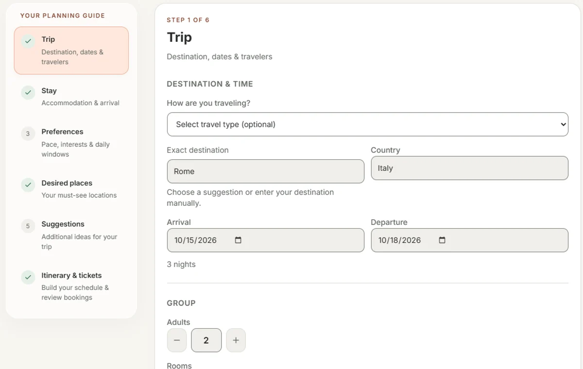 The TripNexa planning guide with Trip, Stay, Preferences, Desired places, Suggestions and Itinerary steps.