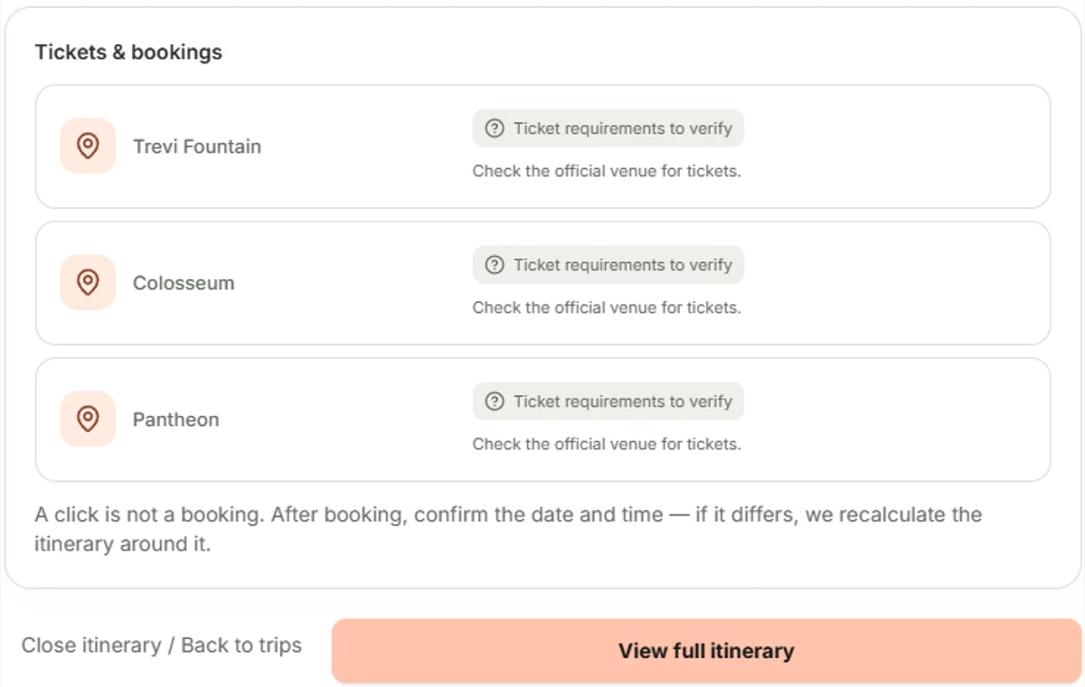 TripNexa’s tickets and bookings review, showing places and ticket details to verify with the venue.